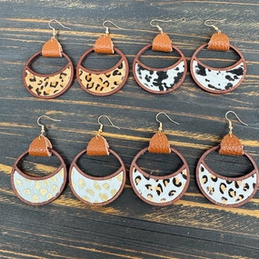 Wholesale Western Leather Circular Geometric Hollow Inlaid with Leopard Print Classic Exaggerated Earrings