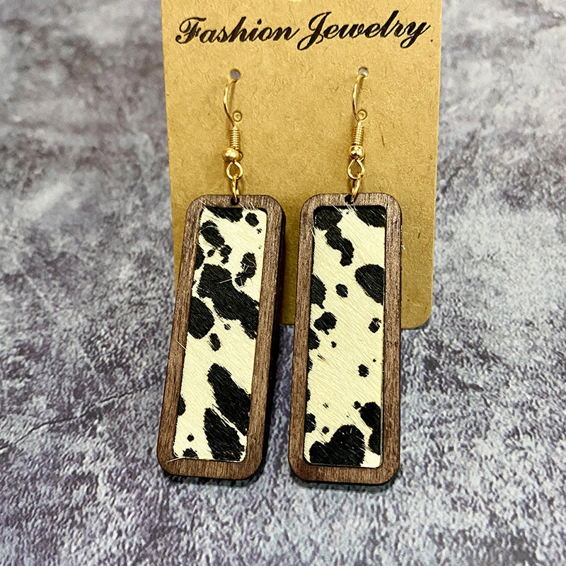 Wholesale Western Leopard Print Minimalist Bar Leather Retro Geometric Texture Inlaid Earrings