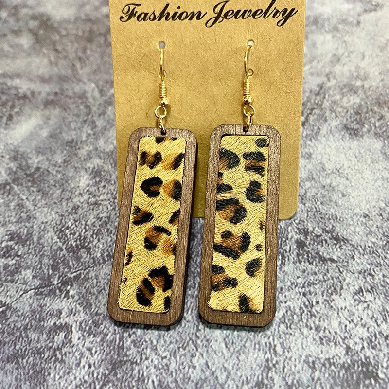 Wholesale Western Leopard Print Minimalist Bar Leather Retro Geometric Texture Inlaid Earrings