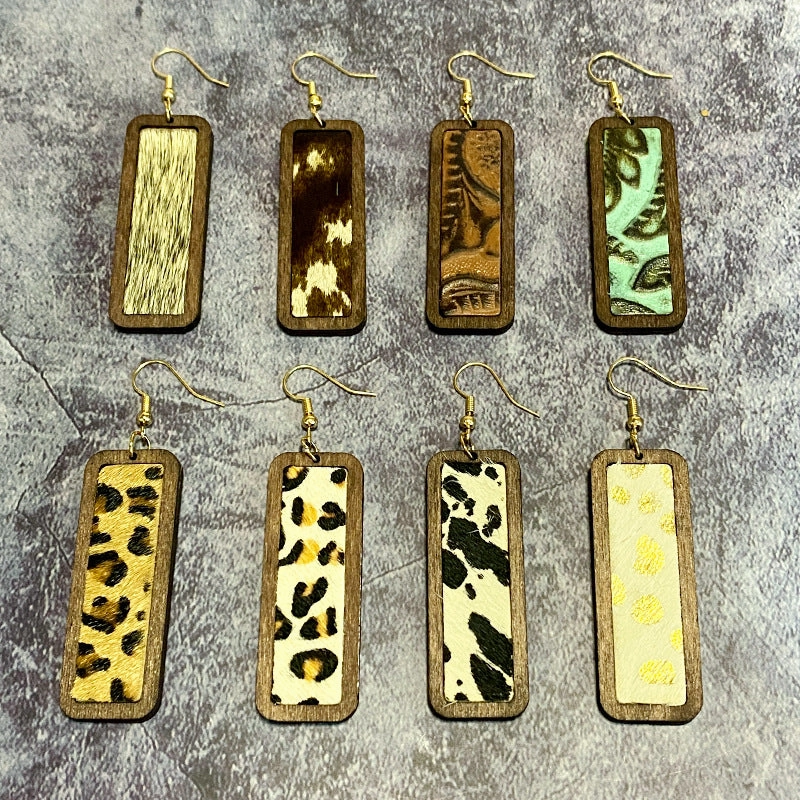 Wholesale Western Leopard Print Minimalist Bar Leather Retro Geometric Texture Inlaid Earrings