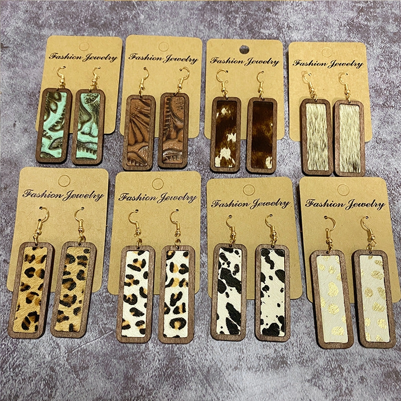 Wholesale Western Leopard Print Minimalist Bar Leather Retro Geometric Texture Inlaid Earrings