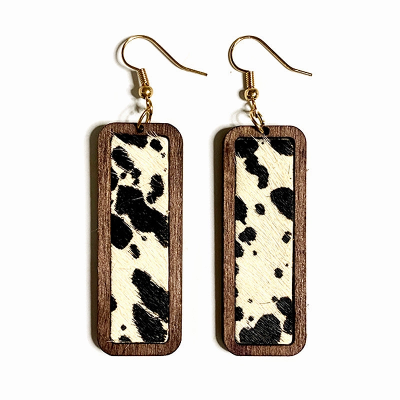 Wholesale Western Leopard Print Minimalist Bar Leather Retro Geometric Texture Inlaid Earrings