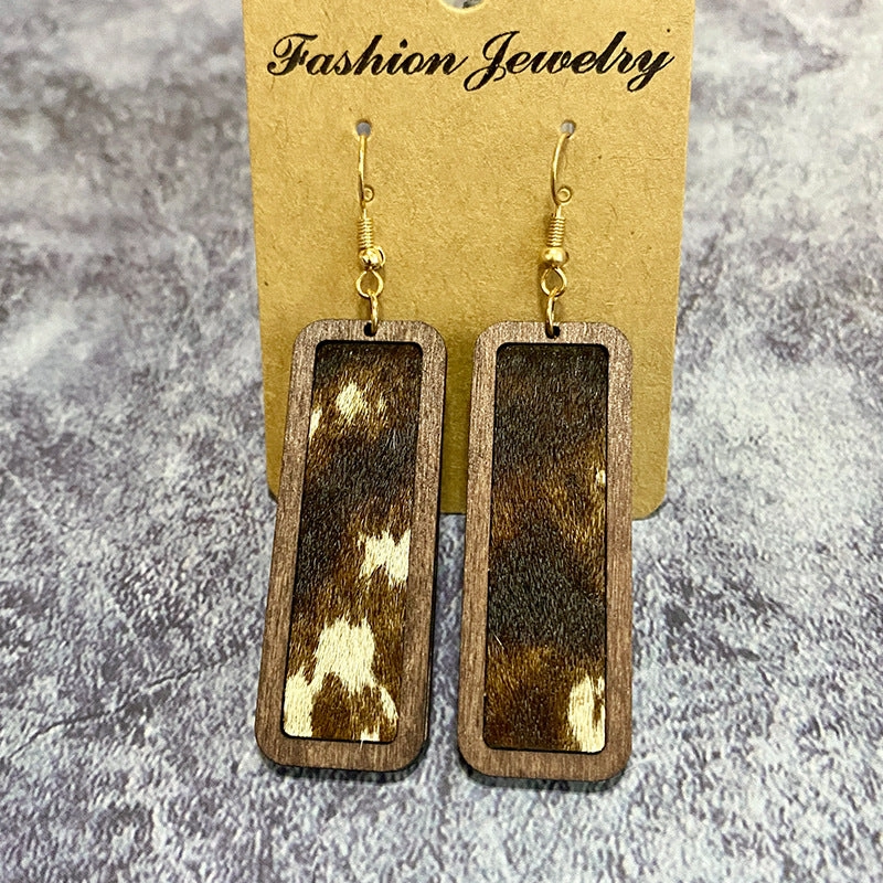 Wholesale Western Leopard Print Minimalist Bar Leather Retro Geometric Texture Inlaid Earrings
