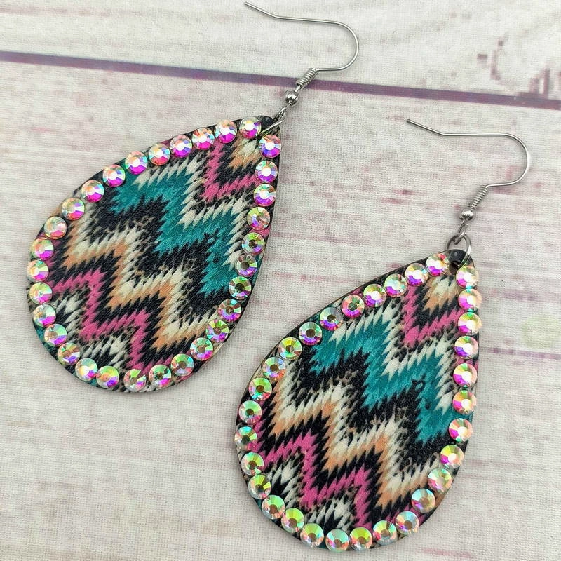 Wholesale Western Style Aztec Diamond Studded Leather Drop Earrings
