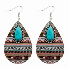 Wholesale Western Style Aztec Turquoise Ethnic Style Leather Drop Earrings