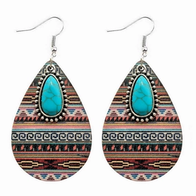 Wholesale Western Style Aztec Turquoise Ethnic Style Leather Drop Earrings