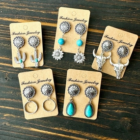 Wholesale Western Style Bull Head Sunflower Inlaid Turquoise Metal Earrings