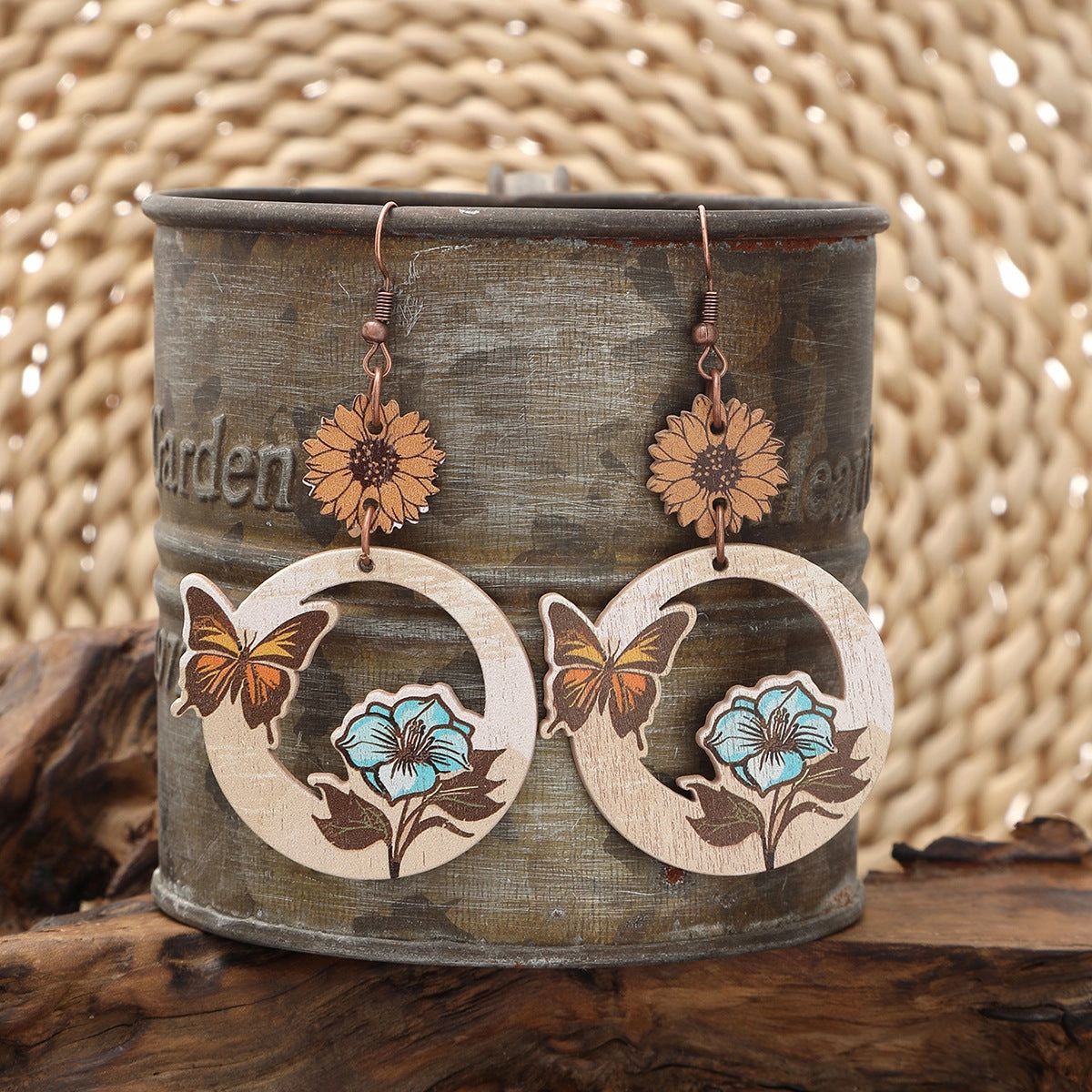 Wholesale Western Style Butterfly Bee Flower Pattern Wooden Earrings