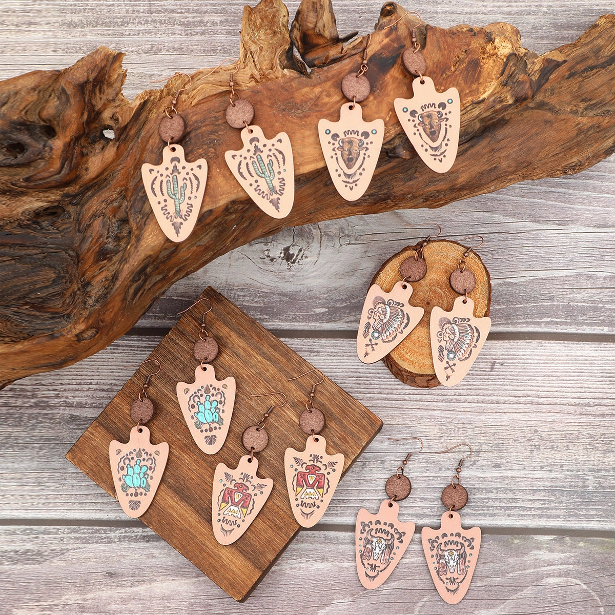 Wholesale Western Style Cactus Bull Head Wooden Earrings