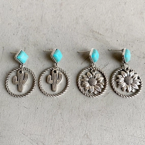 Wholesale Western Style Cactus Sunflower Alloy Turquoise Earrings