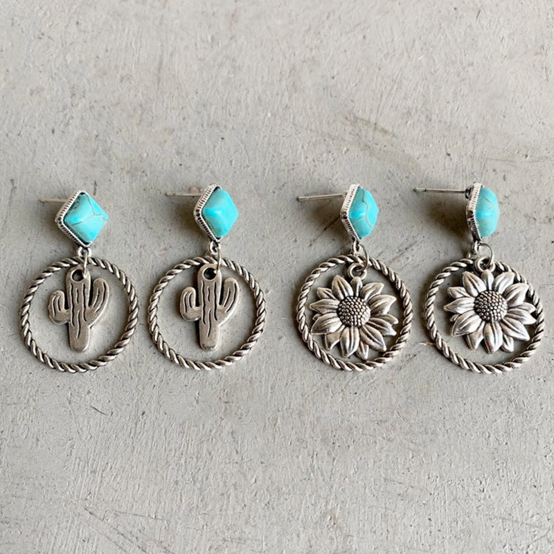 Wholesale Western Style Cactus Sunflower Alloy Turquoise Earrings