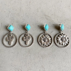 Wholesale Western Style Cactus Sunflower Alloy Turquoise Earrings