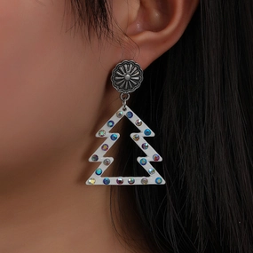 Wholesale Western Style Christmas Color Diamond Hollow White Christmas Tree Earrings