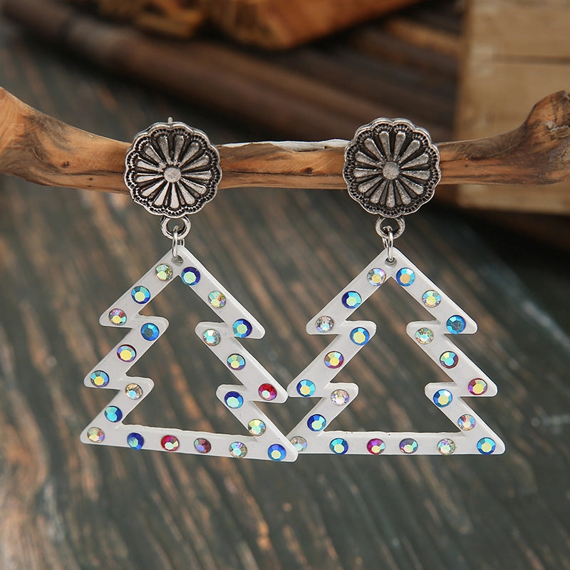 Wholesale Western Style Christmas Color Diamond Hollow White Christmas Tree Earrings