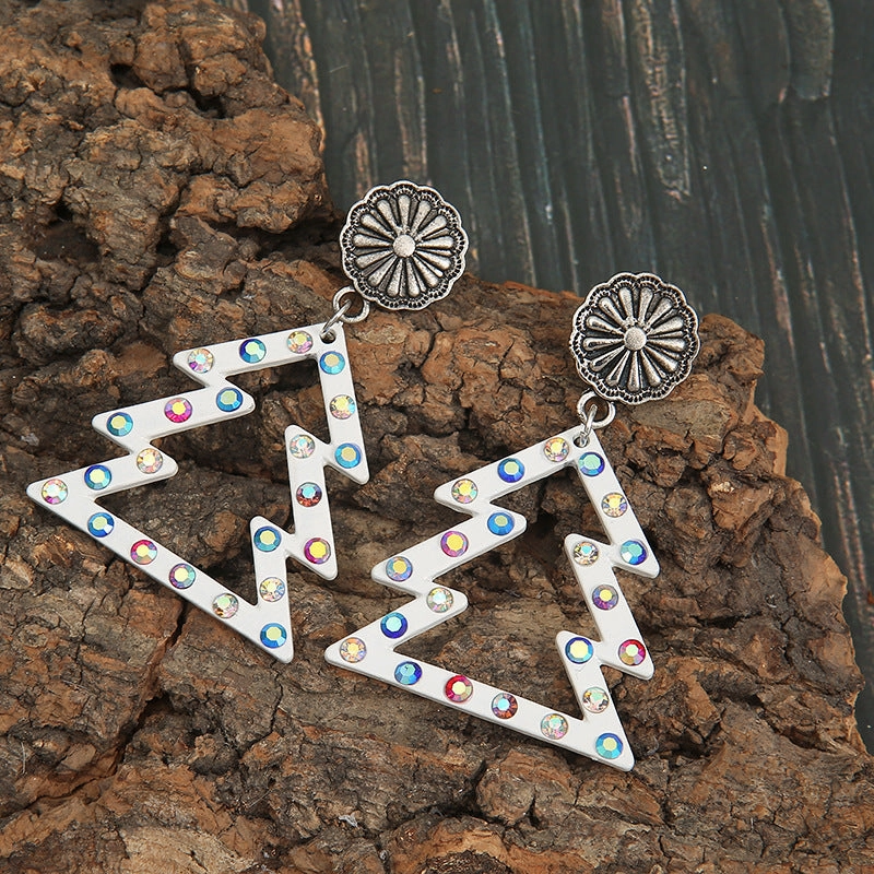Wholesale Western Style Christmas Color Diamond Hollow White Christmas Tree Earrings