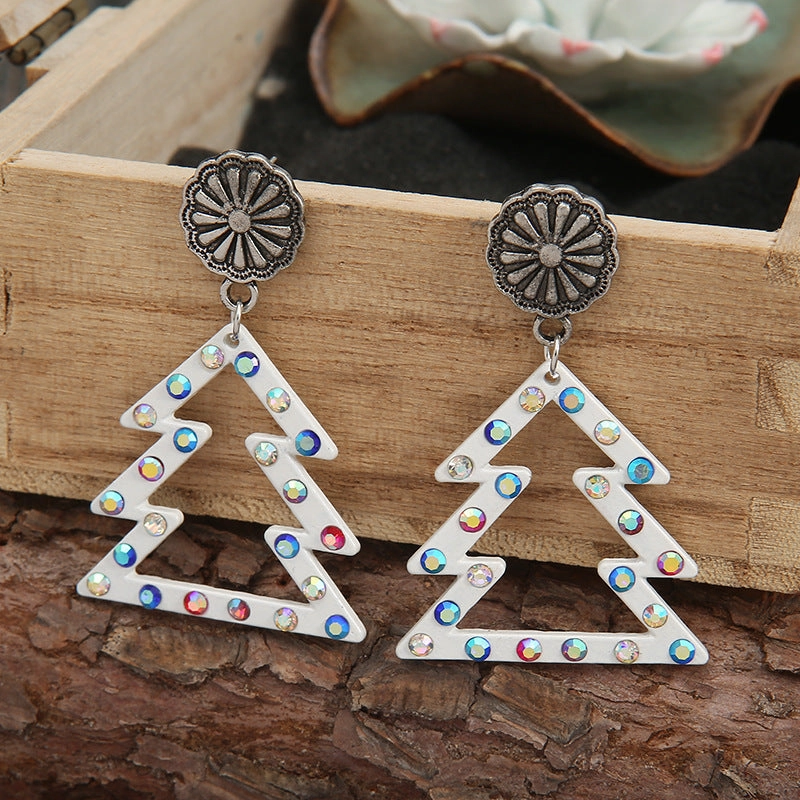 Wholesale Western Style Christmas Color Diamond Hollow White Christmas Tree Earrings