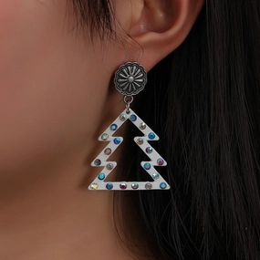 Wholesale Western Style Christmas Color Diamond Hollow White Christmas Tree Earrings