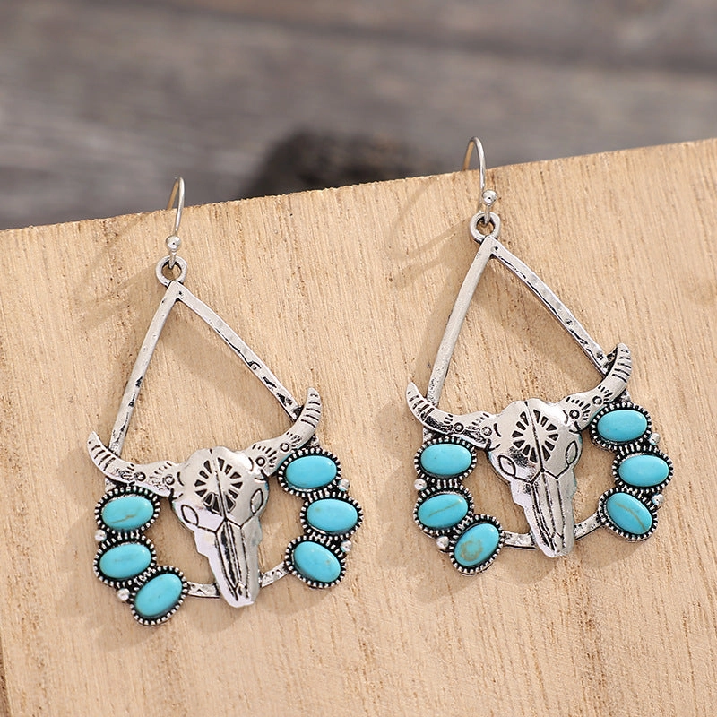 Wholesale Western Style Cow Head Turquoise Alloy Earrings