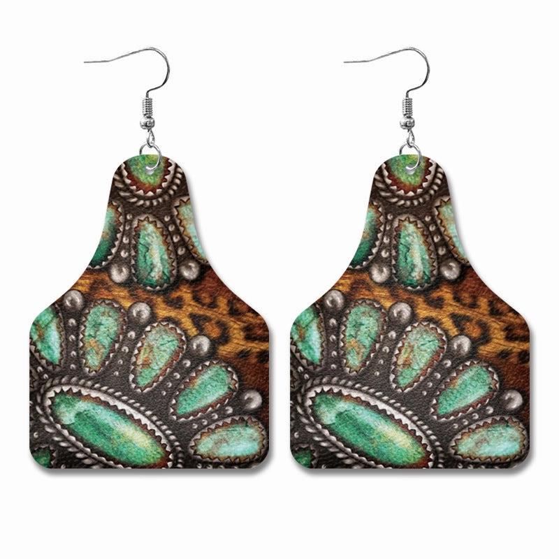 Wholesale Western Style Cow Pattern Sunflower Bull Head Leather Earrings