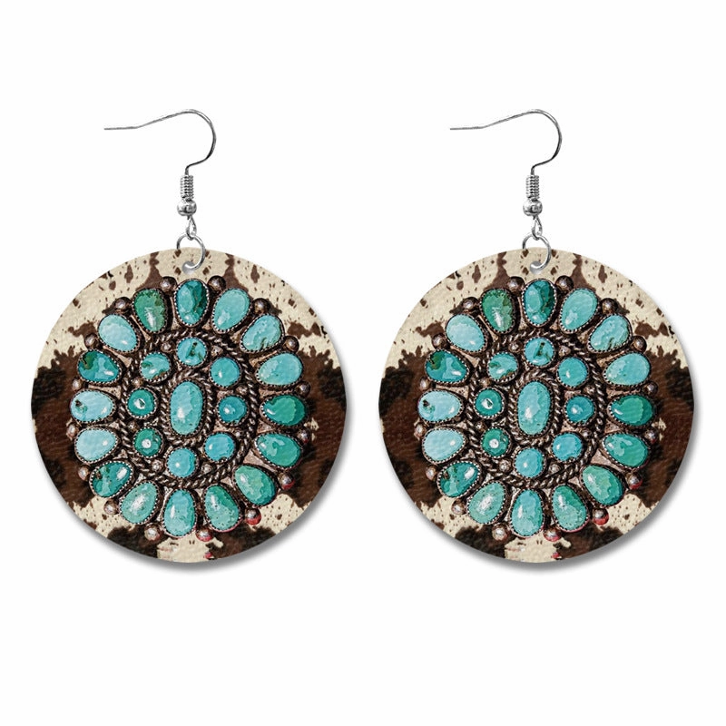 Wholesale Western Style Cow Pattern Sunflower Bull Head Leather Earrings