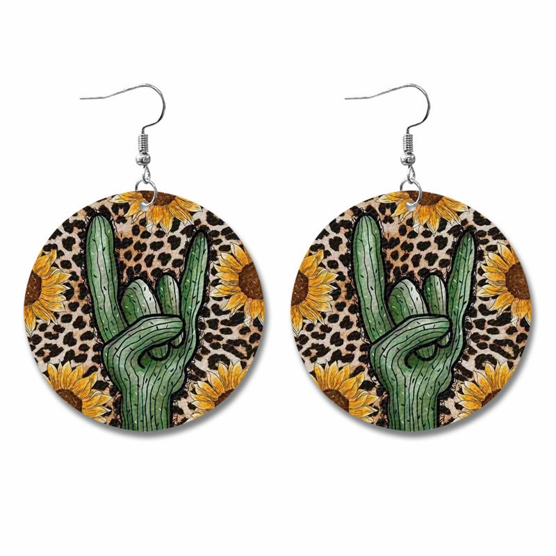 Wholesale Western Style Cow Pattern Sunflower Bull Head Leather Earrings