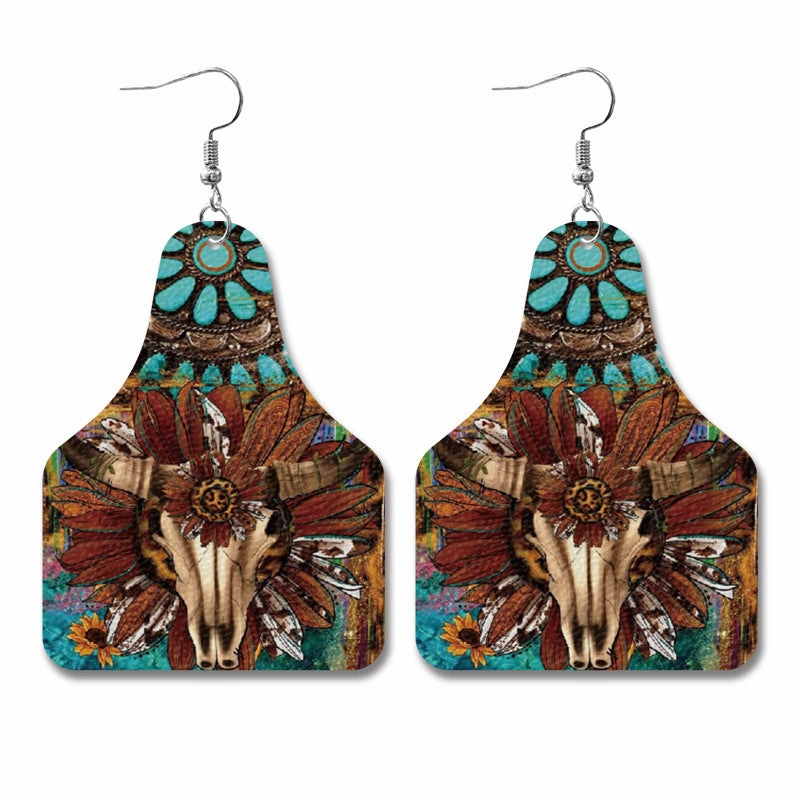 Wholesale Western Style Cow Pattern Sunflower Bull Head Leather Earrings