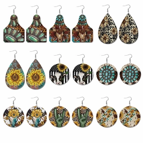 Wholesale Western Style Cow Pattern Sunflower Bull Head Leather Earrings