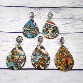 Wholesale Western Style Cow Pattern Sunflower Texas Map Leather Drop Earrings