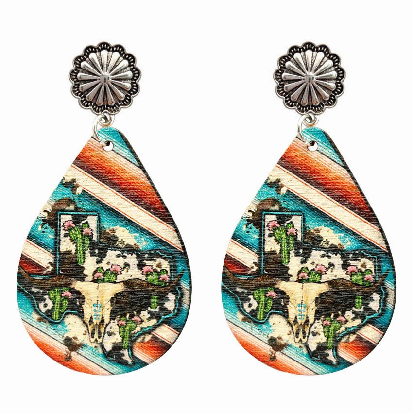 Wholesale Western Style Cow Pattern Sunflower Texas Map Leather Drop Earrings