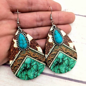 Wholesale Western Style Cow Pattern Turquoise Leather Drop Earrings