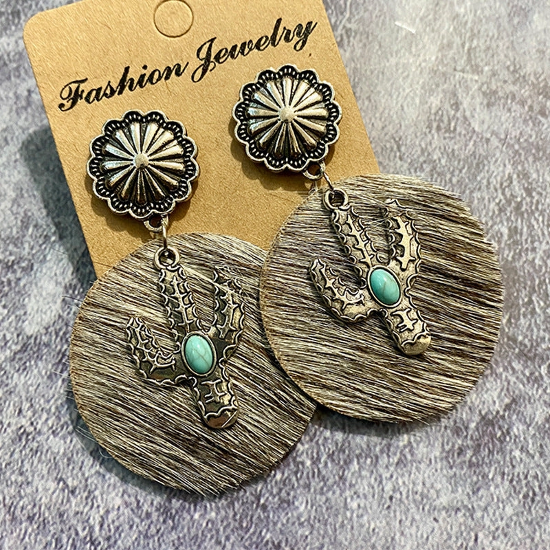 Wholesale Western Style Cow Print Leopard Print Cactus Leather Earrings