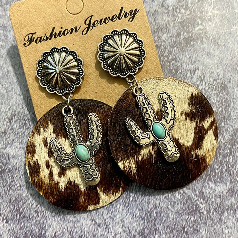 Wholesale Western Style Cow Print Leopard Print Cactus Leather Earrings