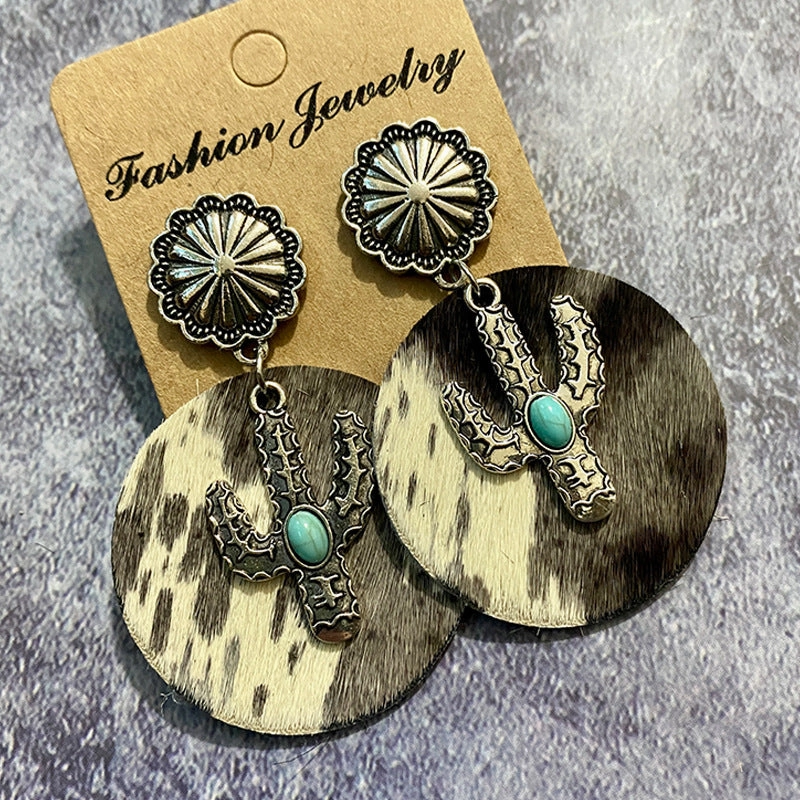 Wholesale Western Style Cow Print Leopard Print Cactus Leather Earrings