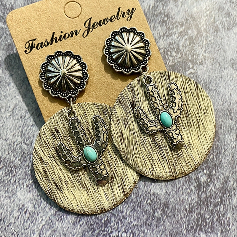 Wholesale Western Style Cow Print Leopard Print Cactus Leather Earrings