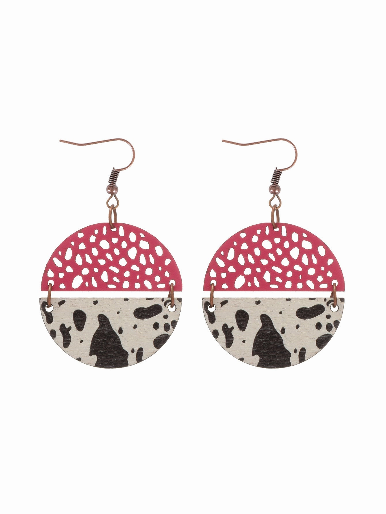 Wholesale Western Style Cow Print Leopard Print Wood Chip Leather Combination Round Earrings