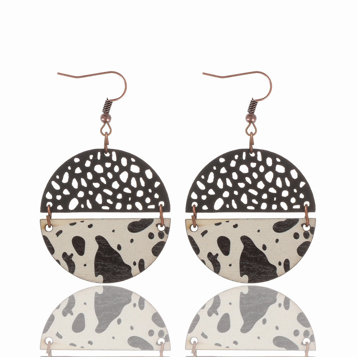 Wholesale Western Style Cow Print Leopard Print Wood Chip Leather Combination Round Earrings
