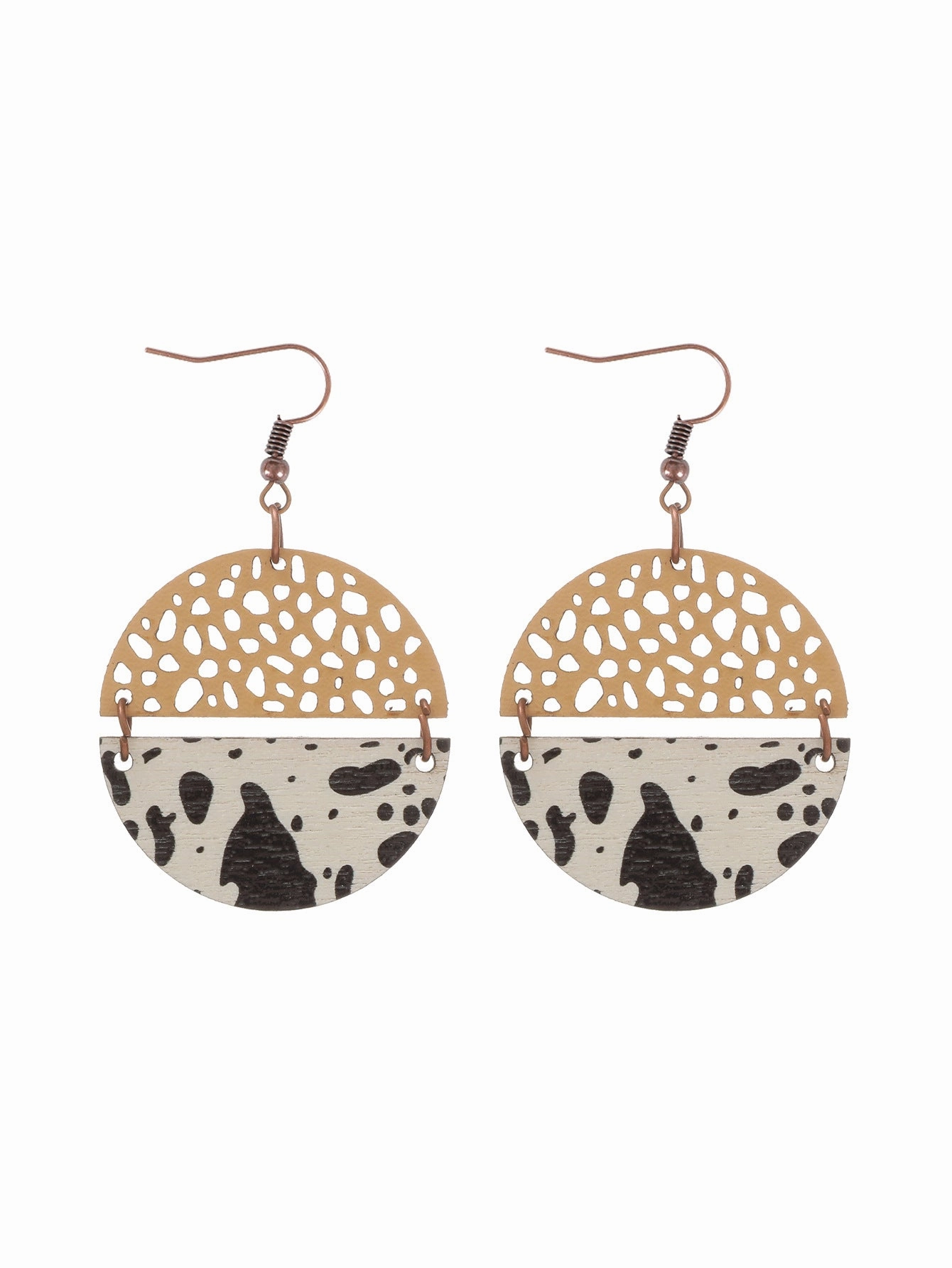 Wholesale Western Style Cow Print Leopard Print Wood Chip Leather Combination Round Earrings