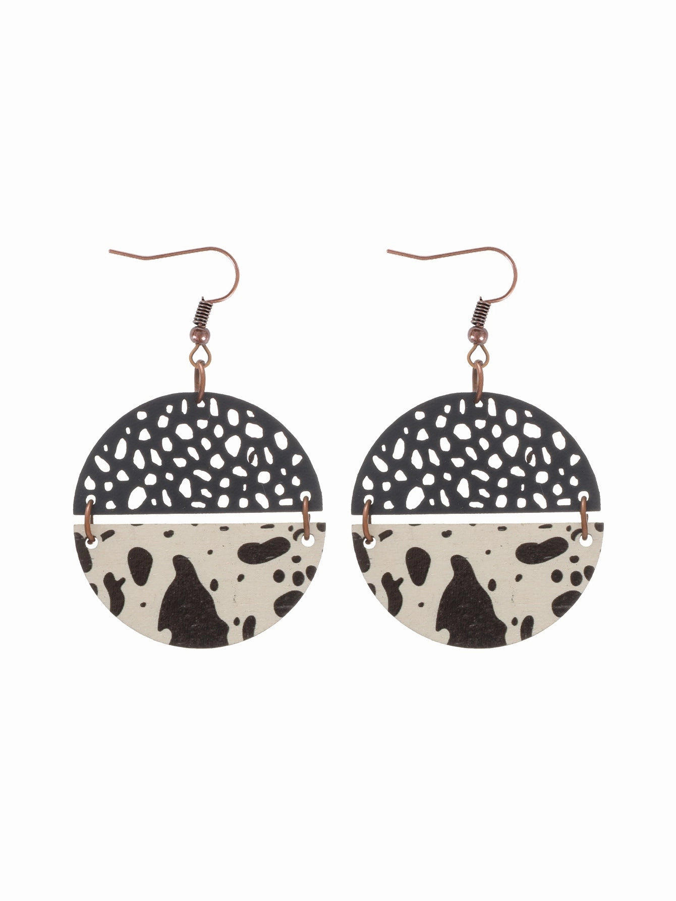 Wholesale Western Style Cow Print Leopard Print Wood Chip Leather Combination Round Earrings