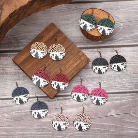 Wholesale Western Style Cow Print Leopard Print Wood Chip Leather Combination Round Earrings