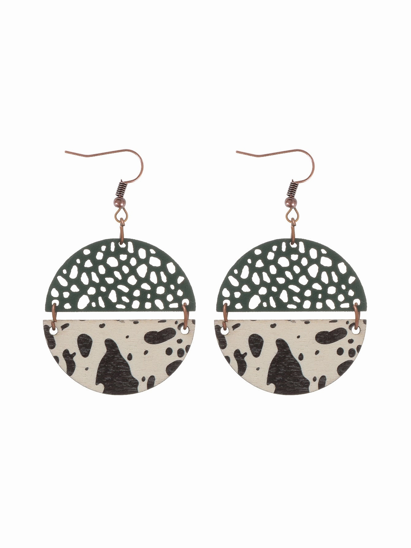 Wholesale Western Style Cow Print Leopard Print Wood Chip Leather Combination Round Earrings