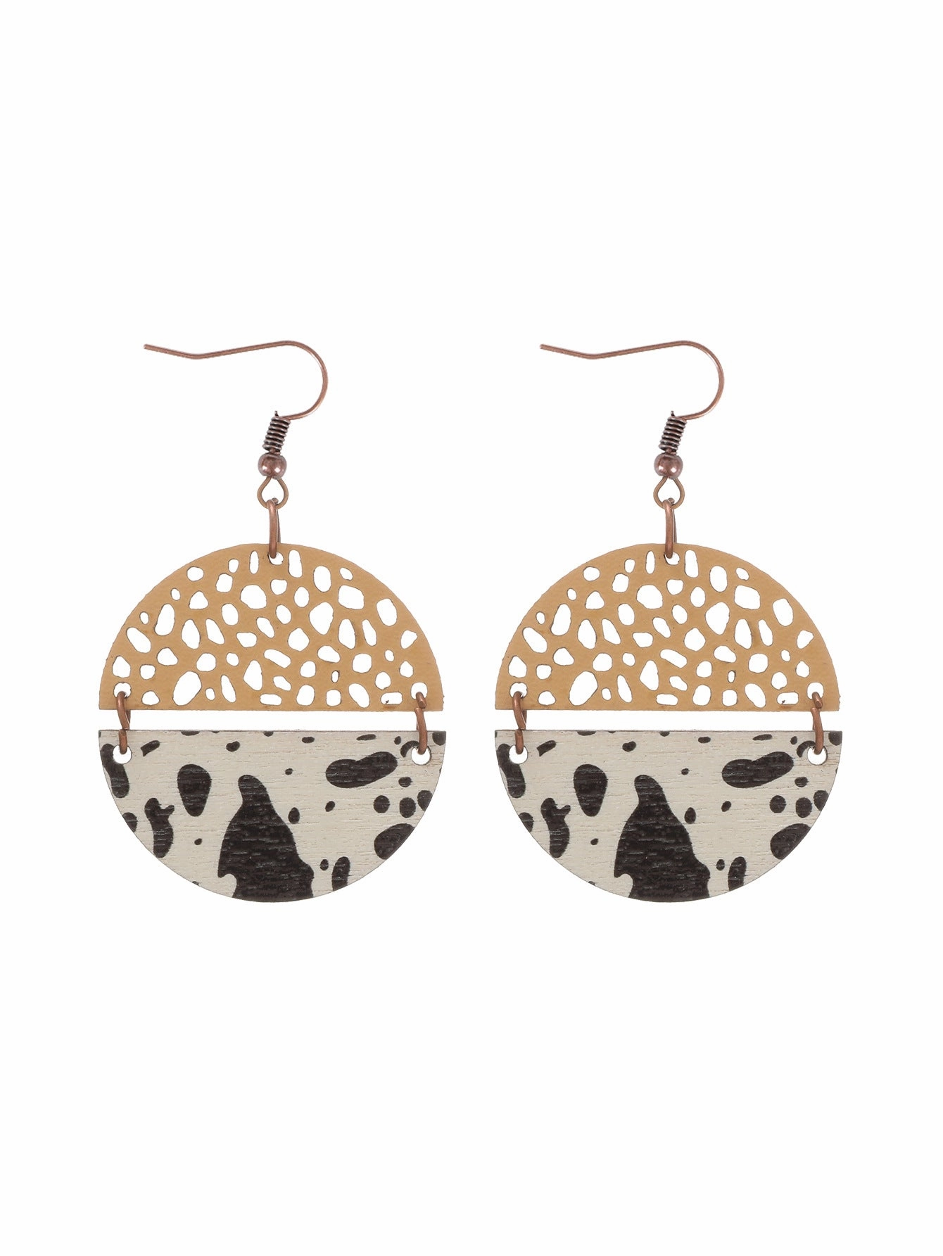 Wholesale Western Style Cow Print Leopard Print Wood Chip Leather Combination Round Earrings