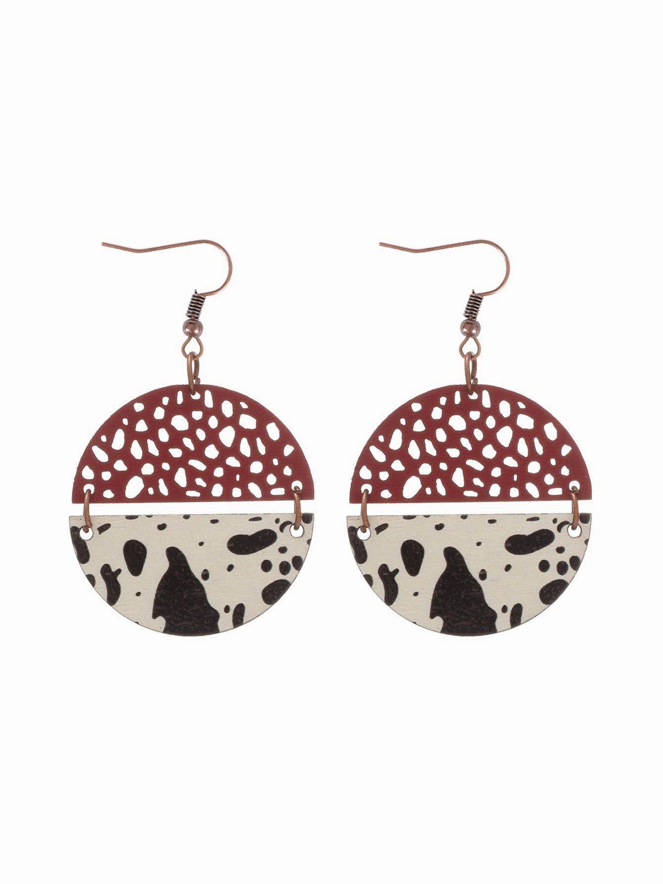 Wholesale Western Style Cow Print Leopard Print Wood Chip Leather Combination Round Earrings