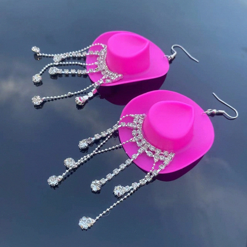 Wholesale Western Style Cowboy Hat Shiny Tassel Earrings