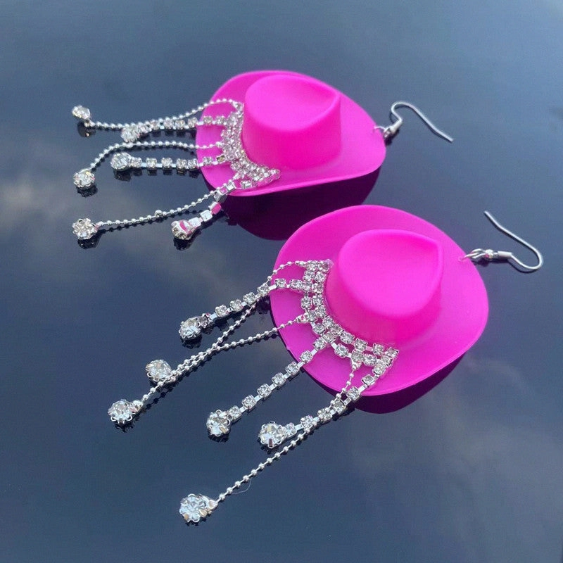 Wholesale Western Style Cowboy Hat Shiny Tassel Earrings