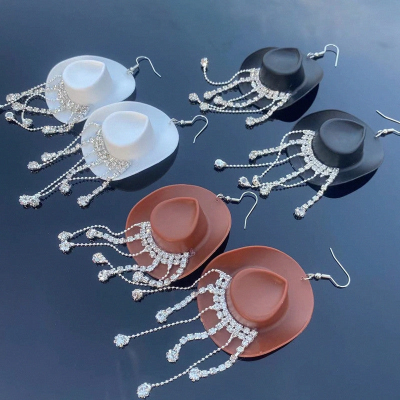 Wholesale Western Style Cowboy Hat Shiny Tassel Earrings