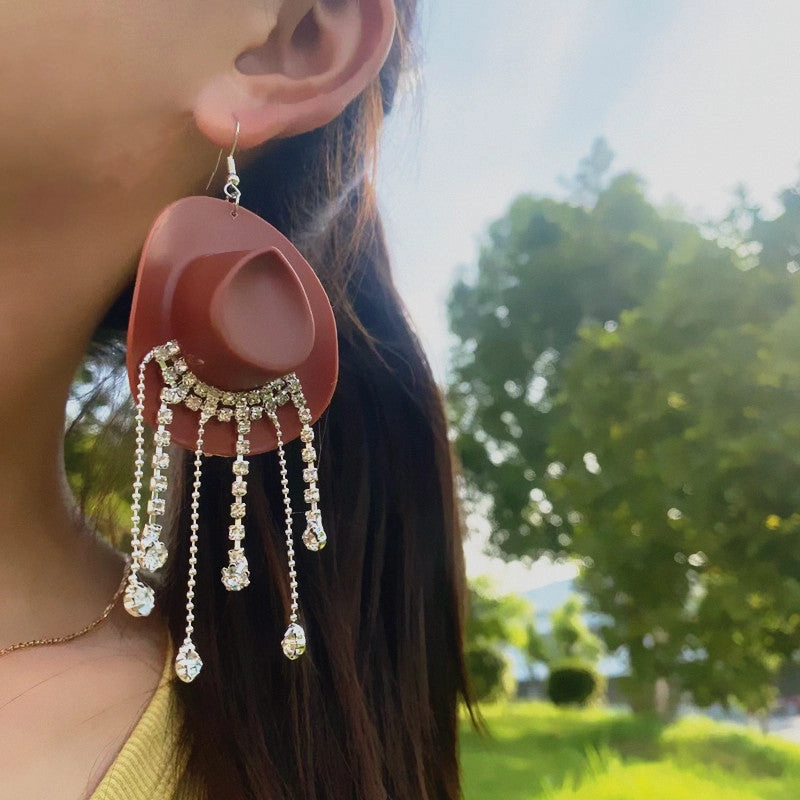 Wholesale Western Style Cowboy Hat Shiny Tassel Earrings