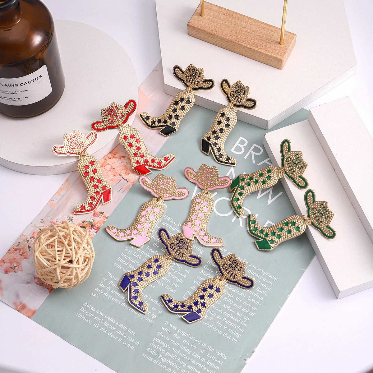 Wholesale Western Style Cowboy Hats Cowboy Boots Alloy Rice Beads Earrings