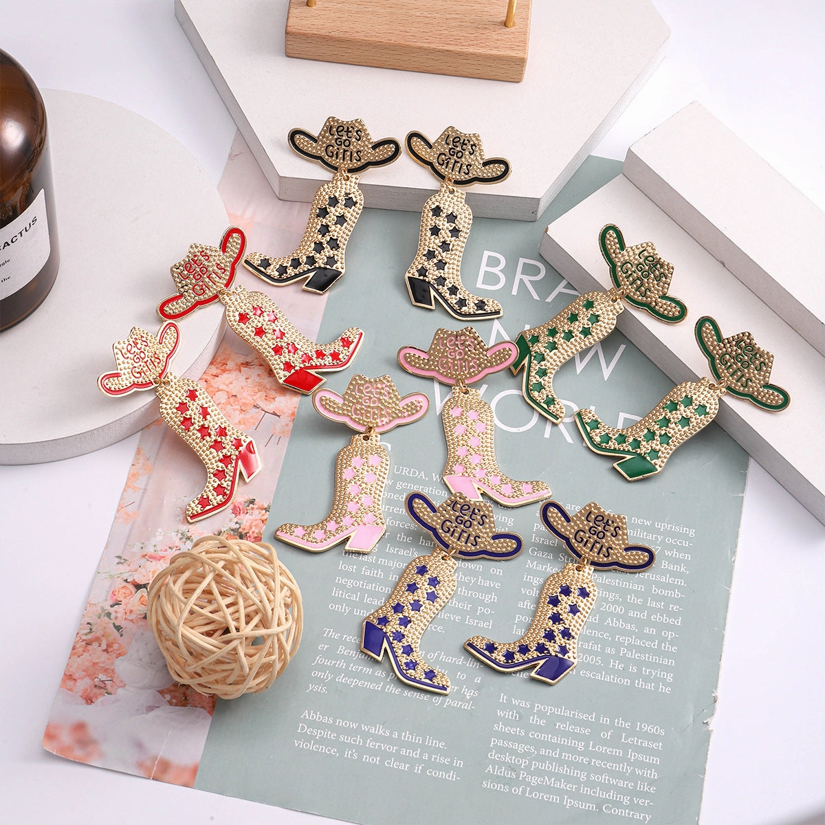 Wholesale Western Style Cowboy Hats Cowboy Boots Alloy Rice Beads Earrings