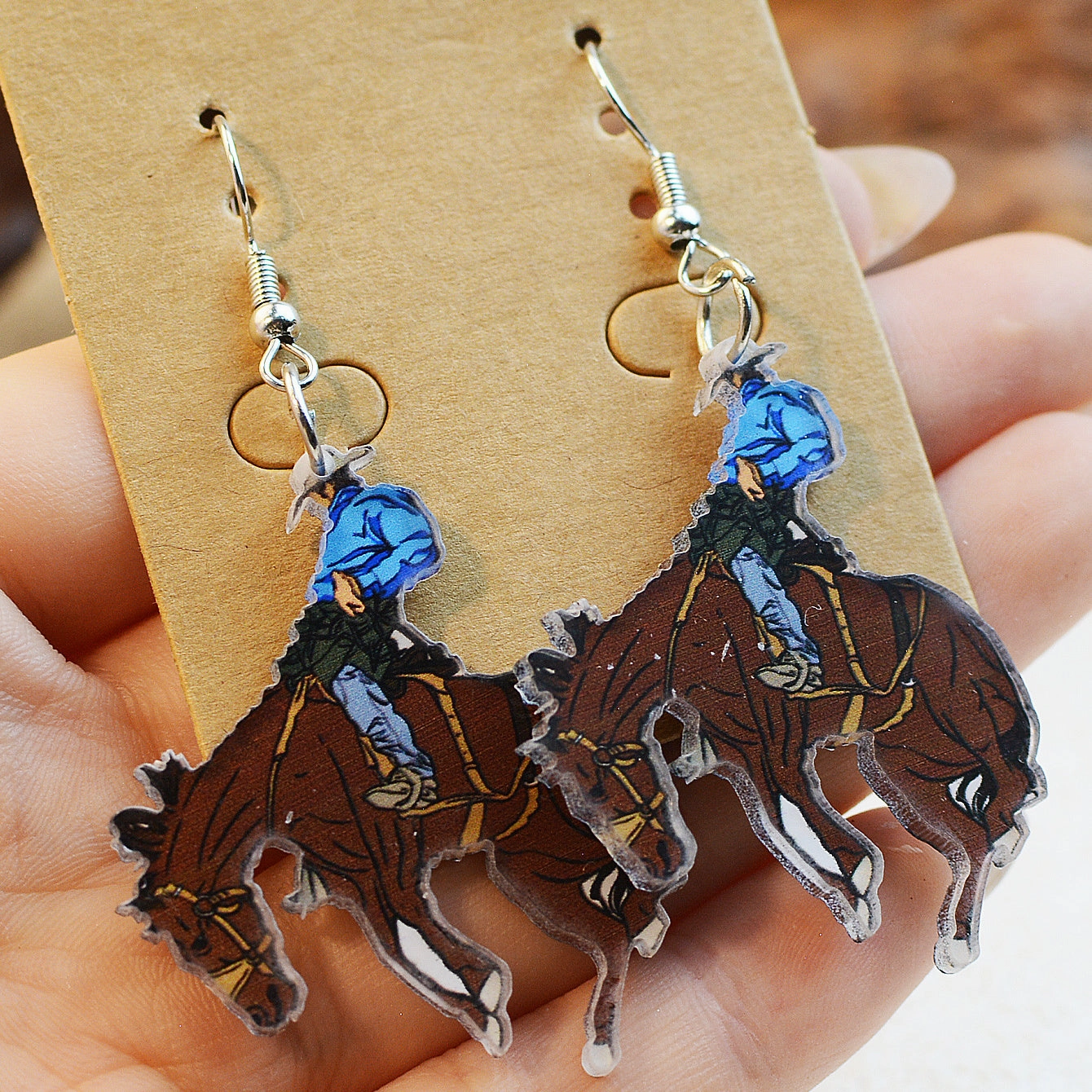 Wholesale Western Style Denim Horse Riding Acrylic Earrings