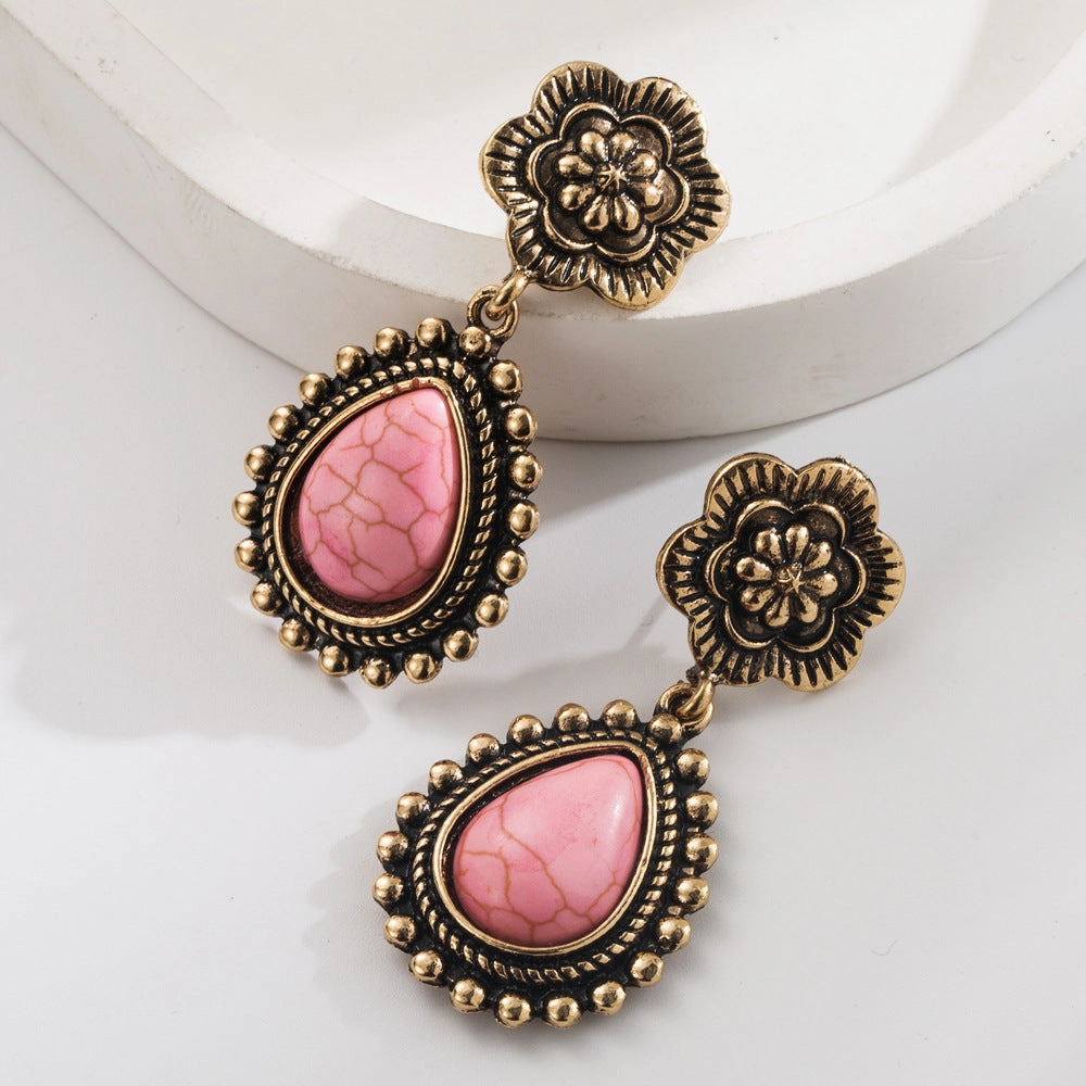 Wholesale Western style diamond turquoise drop cross retro exaggerated earrings